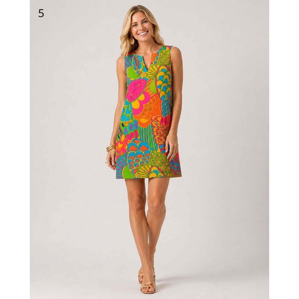 Julie Brown New York Womens Large Psychedelic Abstract Print Shift Dress V-Neck